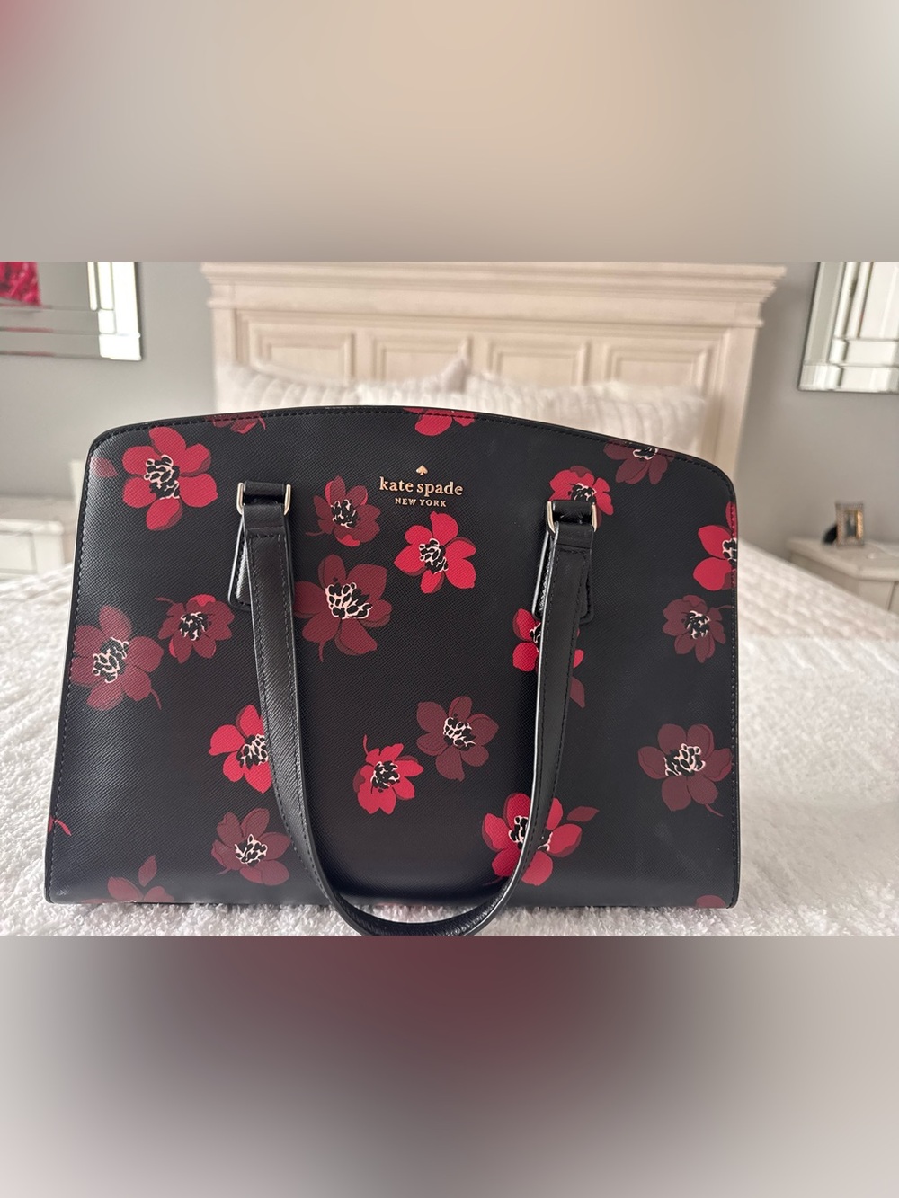 kate spade black tote with red floral print